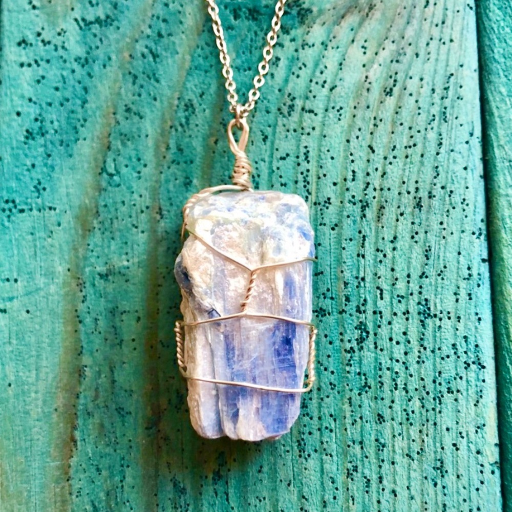 Blue Kyanite Silver Necklace Rustic Wire Wrapped